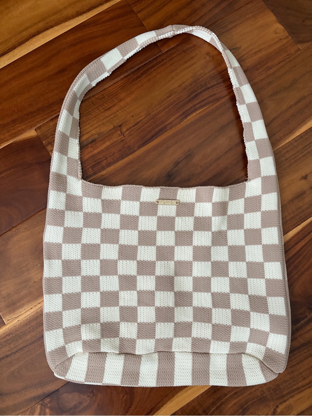 Checkerboard Knit Shoulder Bag in Cream and Taupe by Kopari